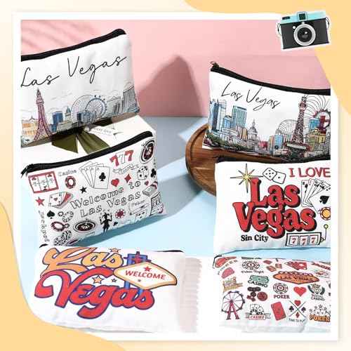 Reginary 6 Pcs City Cosmetic Bag Souvenir Gifts New York Zipper Pouch Chicago Souvenir Seattle Boston Nashville London Paris Italy Alaska Gifts Memento for Women Traveler(Las Vegas)