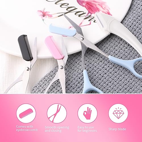 Eyebrow Scissors & Razor Set - Non-Slip Grip, Precision Trimmer with Comb - Black, Pink, Blue