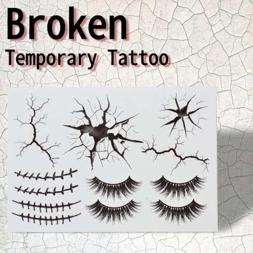 Halloween Creepy Cracks Face Tattoo Set, Temporary Makeup Stickers with Eyelashes, Black Broken Glass Pattern, Costume Accessories (Black)
