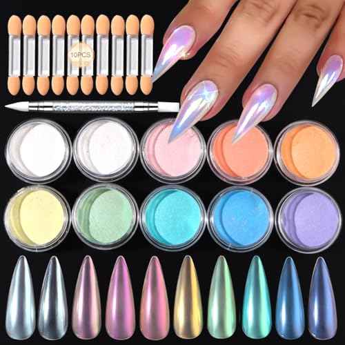 10 Colors Mermaid Pearl Chrome Nail Powder, Iridescent Aurora Powder Metallic Mirror Effect Pigment Pearlescent Nail Art Glitter Dust Kit for Gel Polish Nail Art Decoration