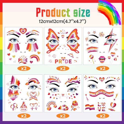 HOWAF 12pcs Lesbian Pride Glitter Face Tattoos