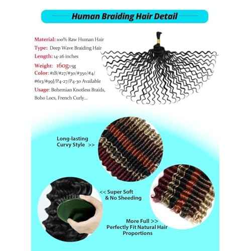 12A Human Braiding Hair for Boho Braids 5 Bundles 16 Inch 160g Deep Wave Braiding Hair for Bohemian Knotless Braids 100% Unprocessed Brazilian Virgin Bulk Hair Extensions No Weft Natural Color