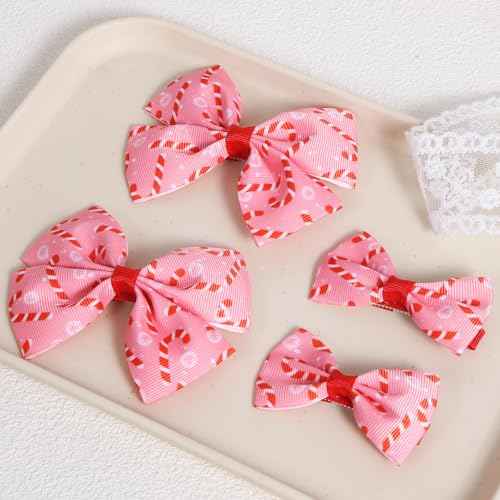 4pc Christmas Pink Candy Cane Ribbon Hair Bow Clips for little Teen Toddler Baby Girls, Cute Handmade Bow-knot Alligator Barrettes Kids Xmas Tree Wreath Decor Accessories Gift