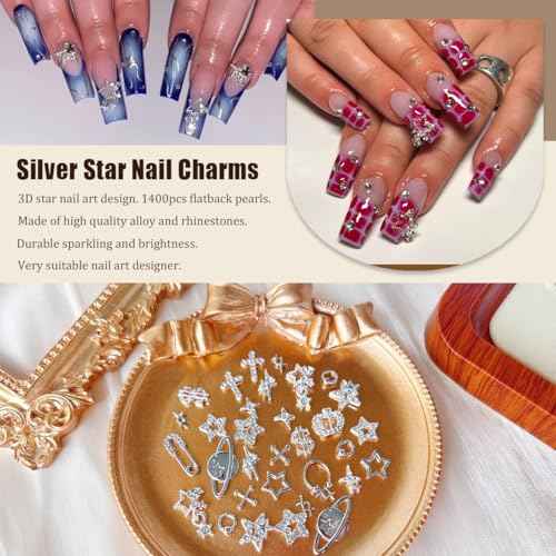 92pcs Star Nail Charms, 1 Box Silver Nail Pearls for Crafting Flat Back, Y2K Silver Metal Planet Cross for Acrylic Nail Art Rhinestones Dangling Star Nail Chains Cute Gems Manicure Decorations Bulk
