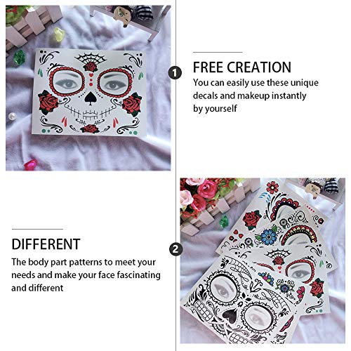 Day of the Dead Face Tattoo Halloween Makeup Tattoos Decor Stickers Sugar Skull Temporary Tattoo for Halloween Masquerade Party with Floral, Glitter Roses, Web and Floral Skeleton Design 5 PACK