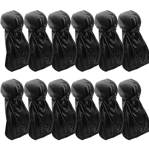 Wheebo 12PCS Silky Durags for Men Women Waves, Satin Do Rags Pack Headwraps Skull Caps with Long Tail and Wide Straps