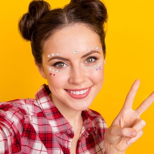 2 Sheets Star Heart Face Gems Stickers Red Purple Clear Eye Jewels Rhinestones Round Crystal Makeup Tattoo Halloween Rave Bachelorette Party Festival Accessories for Women