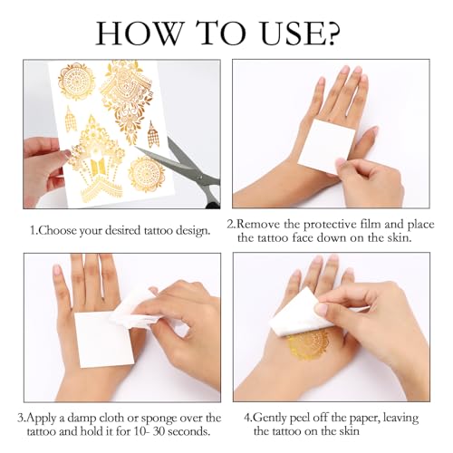 Metallic Gold Temporary Tattoos for Women - 9 Sheets