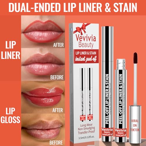 Vevivia 2pcs Lip liner Stain Peel Off,2-in-1 Lip Liner with Tweezer,Lip Stain Waterproof Long Lasting,Non-Fading Peel Off Lip Color,Stay On All Day,Perfect for Gift (Nude+Rose)