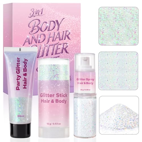 3-in-1 Body Glitter Set - Gel, Stick & Spray, Waterproof