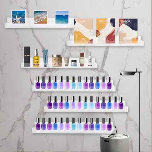 6 Pack Nail Polish Rack, Wall Mounted Organizer Shelf With Removable Anti-slip End Inserts, Clear Acrylic Display Holder for 90 Bottles