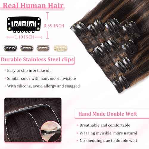 Clip in Hair Extensions Real Human Hair, Seamless Balayage Human hair Clip ins Extensions for Women Invisible Straight 8Pcs Double Weft Dark Brown Highlight Chestnut Brown 24inch 120g