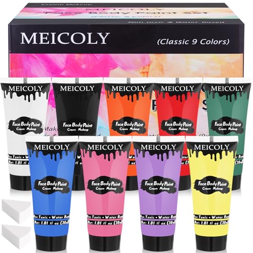 MEICOLY 9-Color Water-Based Face Paint Set for Halloween Costume Makeup