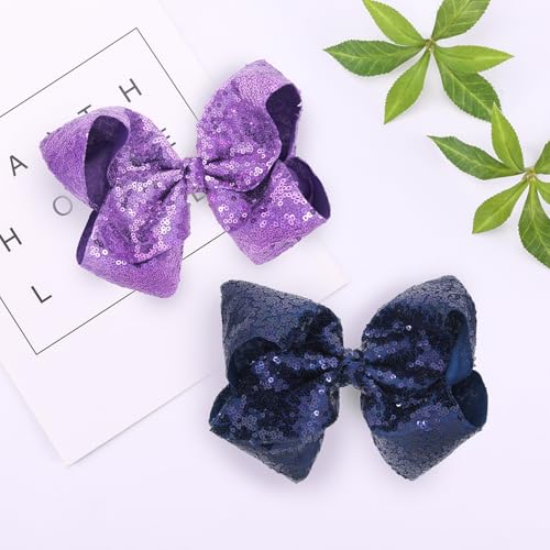 AMYDECOR 8 Inch Purple Sparkly Glitter Sequin Hair Bows for Girls