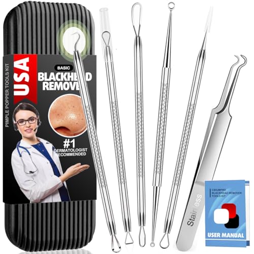 Blackhead Remover Tools Kit - Gentle Pimple Popper Set with Case - Cool Black Variation