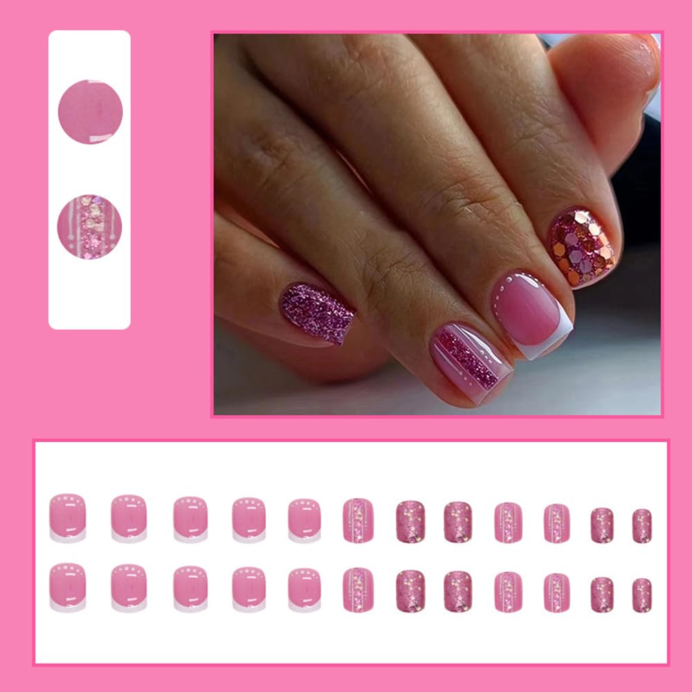 24Pcs Short Press on Nails Square Cute Fake Nails False Nails Full Cover Nails Press ons Short Nail Tips Art Kit French Acrylic Rose Pink Stick on Nails with Sequins Glue on Nails Manicure Decorations