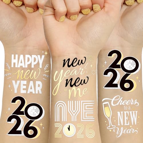 2026 NYE Glitter Temporary Tattoos - 40 Designs, Waterproof Party Favors