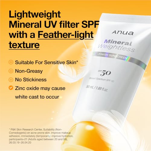 ANUA Mineral Weightless SPF 50 Sunscreen - Fragrance-Free, Travel Size 1.69 fl oz, Original