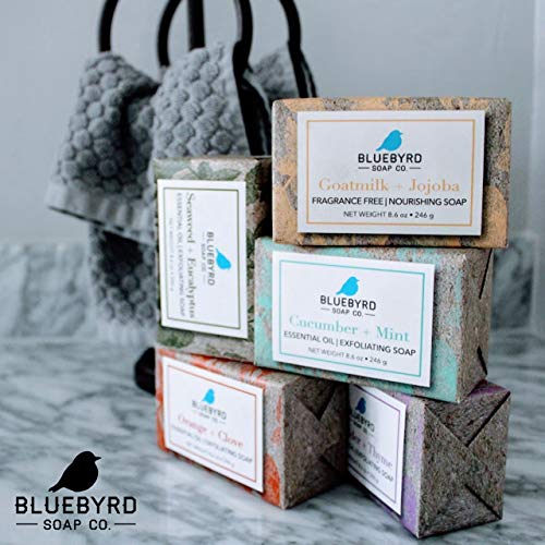 BLUEBYRD Soap Co. 5-Pack Variety Set Exfoliating Essential Oil Soap Bars | 100% Vegan Natural Bar Soap Gift | Cucumber Mint, Goat Milk Jojoba Oil, Lavender Thyme, Orange Clove, Seaweed Eucalyptus(SET)