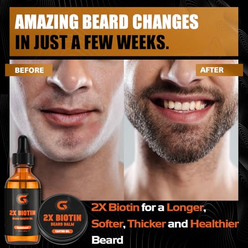 2x Biotin Beard Growth Oil and Beard Balm - Beard Growth Serum Care Kit - Vegan Natural Ingredients Leave-In Conditioner - Moisturizes, Strengthens, Thickens and Promotes Facial Hair Growth