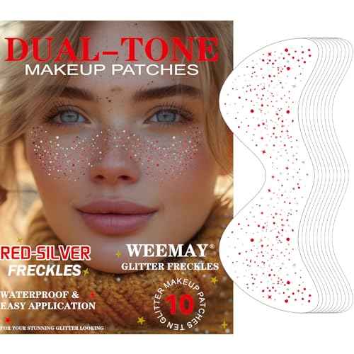 10 Pcs Red-Silver Dual-tone Glitter Freckles,Red and Silver Glitter Freckles Face Tattoo, Waterproof Face Sparkle Freckles, Long-lasting 48h Temporary Tattoos for Christmas