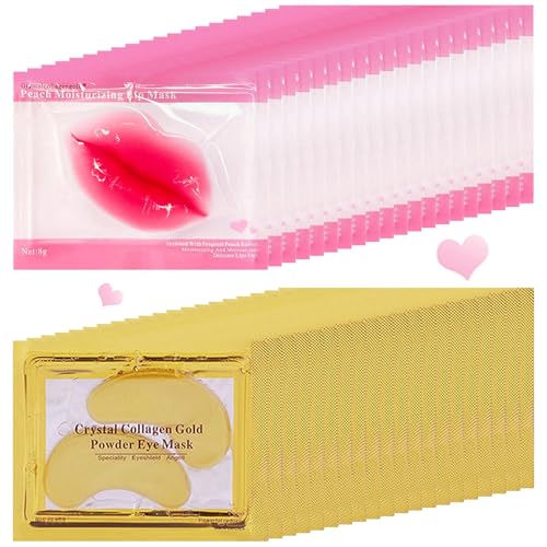 40 Pairs Lip Mask & Eye Mask, 24K Gold Gel Crystal Collagen Under Eye Patches for Puffy Eyes, Dark Circles, Bachelorette Party Favors, Wrinkles and Fine Lines, Galentines Day Gifts