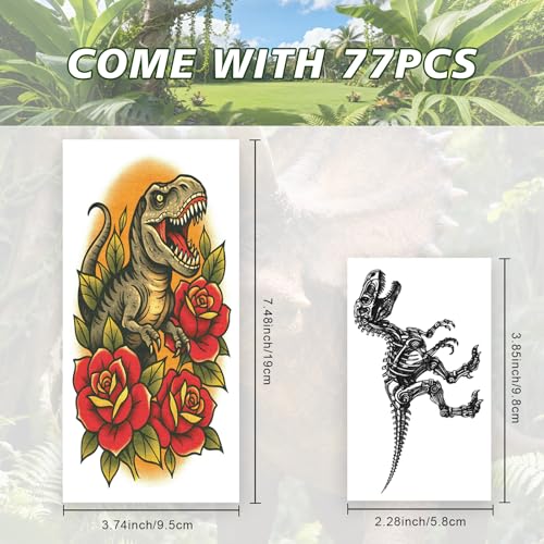 Dinosaur Tattoos for Kids,77 Sheets Dinosaur Tattoo Stickers,Temporary Tattoos for Kids Realistic Waterproof,Fun Body Art Party Supplies