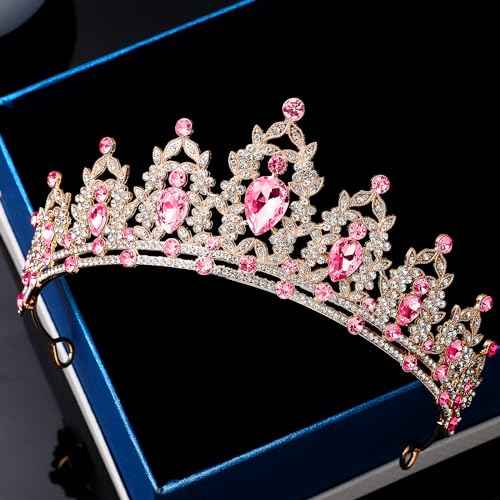 Tiara for Women, Crown and Tiara for Girl Princess, Bride Wedding Happy Birthday Halloween Cosplay Hair Accessories Decorations (Gold Pink)