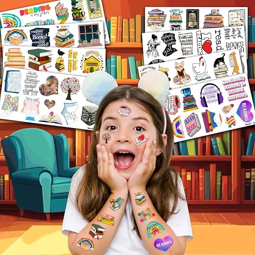 (96 PCS) Funny Reading Book Booklish Nerd Temporary Tattoos Birthday Themed Party Supplies Decorations Favors Cute Inspirational Stickers Tattoo Gifts for Kids Girls Boys Teachers Decor School Reward