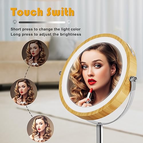 8" Lighted Makeup Mirror with Bamboo Stand, 1X/10X Double Sided Magnifying Vanity Mirror with Lights, 3 Colors Dimmable Lightning, Gifts for Women Mom Teen Girls