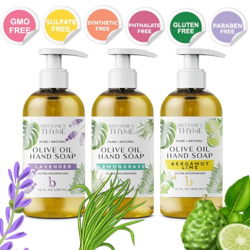 Brittanie's Thyme Natural Castile Olive Oil Hand Soap - 12 oz, Pack of 3 (Bergamot & Lime) - Castile Soap Made Olive Oil, Natural Luxurious Essential Oils & Vitamin E. Vegan & Gluten Free