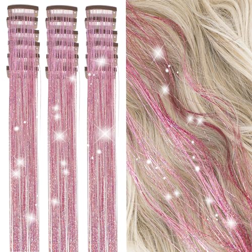 Pink Hair Tinsel Clip-In Extensions Kit - 18 Pieces, Fairy Style