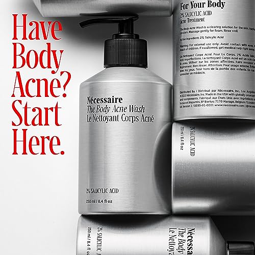 Nécessaire The Body Acne Wash. Medicated Clearing Cleanse. 2% Salicylic Acid, Niacinamide, Zinc PCA + Rosemary. Treat + Prevent Body Acne. Dermatologist-Tested. Non-Comedogenic. 250 ml