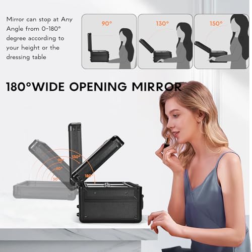 Makeup Case With LED Lighted Mirror 11.2 Inch Travel Makeup Train Case Adjustable Brightness in 3 Colors Cosmetic Organizer Artist Storage Box 2 Trays with Dividers Hard Make Up Vanity Black