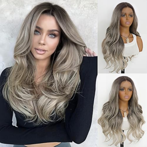 Ash Gray Wavy Synthetic Wig 3 Tone Ombre Grey 13¡¿4 Lace Front Wigs Heat Resistant Fiber Wig for Women 24 Inches 150 Density