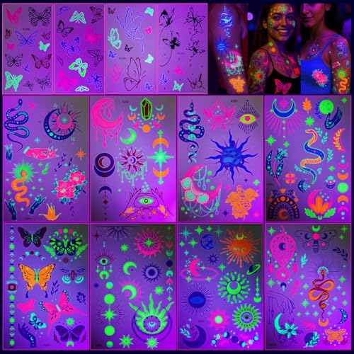 UV Neon Temporary Tattoos - 12 Sheets Glow in Dark