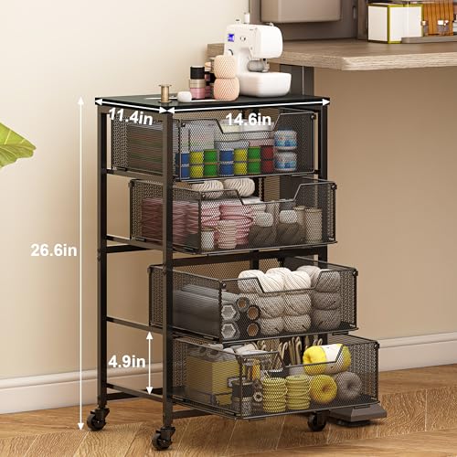 4-Drawer Rolling Cart with Wooden Top & Lockable Wheels