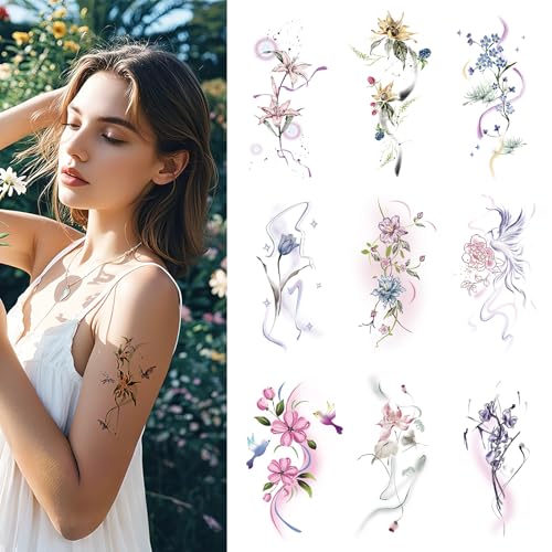 Flower Temporary Tattoo Stickers - 10 Sheets Waterproof
