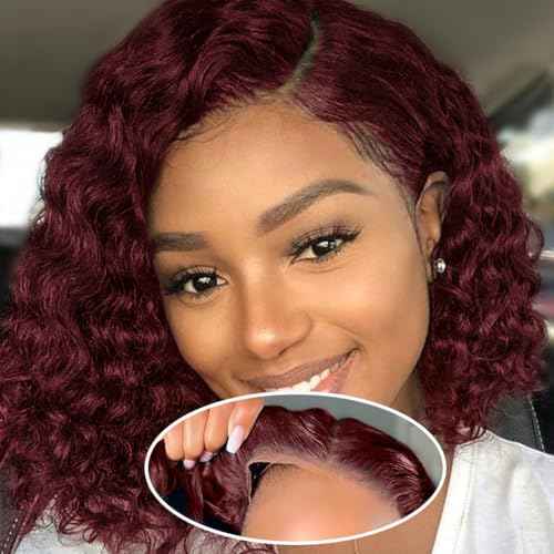 ISWEET HD Glueless Wigs Human Hair Pre Plucked Pre Cut Bob 4x4, 8 Inch Burgundy 210% Density Hairline Curly Bob Wig Human Hair, Wear and Go Deep Wave Lace Front Wigs Human Hair for Black Women