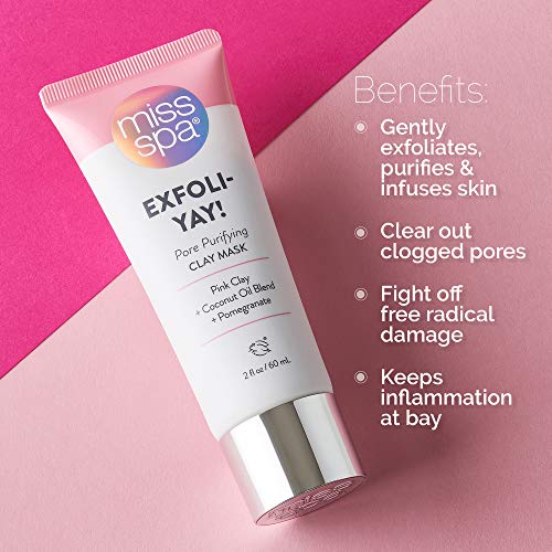 MISS SPA Clay Face Mask for Women, Pore Purifying Pink Clay Mask, Pomegranate + Coconut Oil, Exfoliate Draw Dirt from Pores, Anti-Aging Cream Mask, For Acne Prone Sensitive Skin, 2 Oz.
