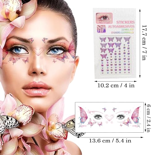 13 Sheets Glitter Eye Temporary Tattoos - Butterfly Flash Face Stickers with Conch Crystal Face Gems for Women & Girls - Birthday, Halloween, Christmas Party