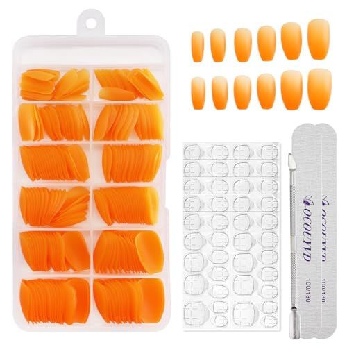 240 Pcs Yellow Press on Nails Glow in The Dark Medium Coffin Glue on Nails Set Solid Color Matte Acrylic False Nails with Fluorescent Designs Reusable Gloss Stick on Nails for Women Nail Accessories