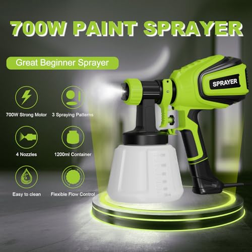 Paint Sprayer 700W, HVLP Electric Spray Paint Gun, with 4 Nozzles and 3 Patterns Cleaning & Blowing Joints Easy to Clean for Home Interior Cabinets Fence Walls Door Garden Chairs etc. VF803 Green