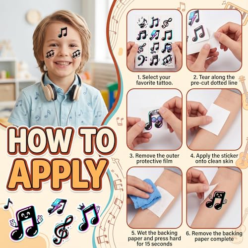 96 PCS Pre-Cut Music Temporary Tattoos for Kids