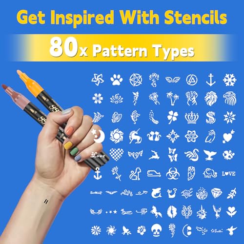 Temporary Tattoo Markers Kit - 16 Colors, 80 Stencils, Dual-End