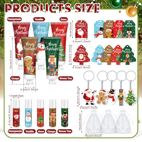 Henoyso 50 Set Christmas Hand Cream Bulk and Lip Balm Bulk Xmas Holiday Gifts Favors with Organza Bag Thank You Card and Acrylic Keychains Thank You Gift Set Bulk Christmas Stuffers Party Supplies