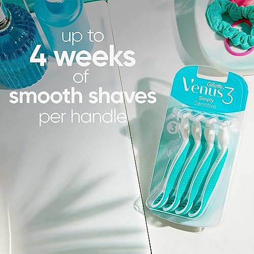 Gillette Venus Simply 3 Sensitive Women's Disposable Razors, Pack of 2 with 4 razors