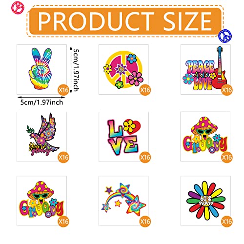 Chinco 144 Pcs Hippie Temporary Tattoo Stickers 70s 80s 90s Party Favor Groovy Hippie Tattoos Waterproof Hippie Face Tattoos Love and Peace Sign Temporary Tattoos Decals for Tie Dye Hippie Party Favor