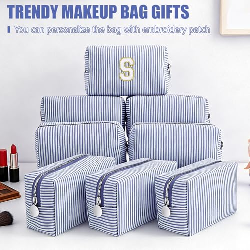 Giesiery Navy Blue Small Seersucker Cosmetic Bags Set of 8 - Travel & Makeup Pouches