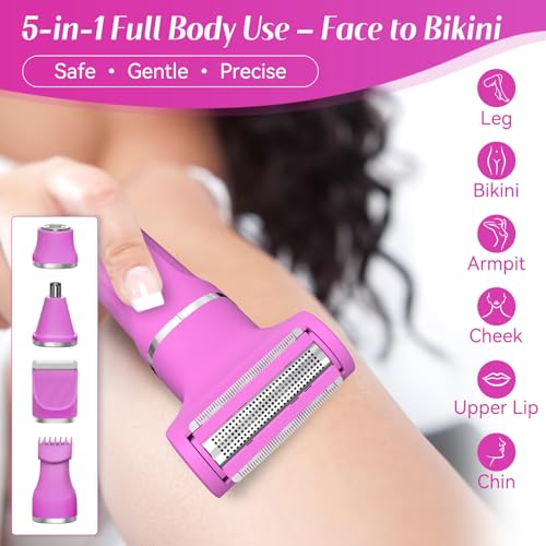 Bikini Trimmer for Women 5-in-1 Electric Razors IPX7 Waterproof Shaver Ceramic Blade Painless Pubic & Facial Hair Remover (Hot Pink)